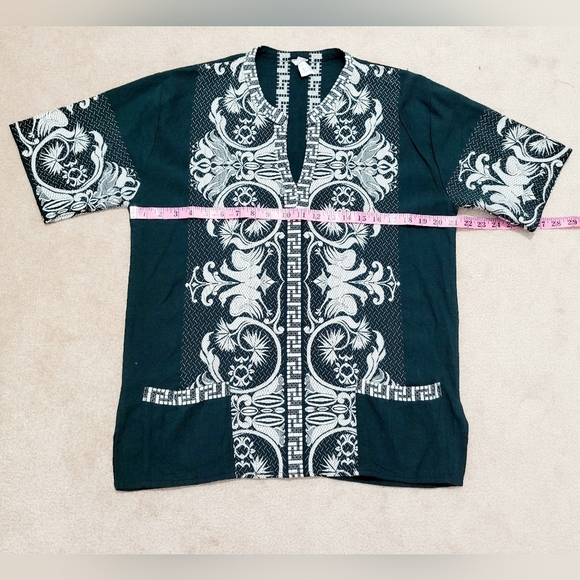 Vintage Giras Woven Embroidered UNISEX Green Pullover Greek Lounge Shirt Size L - Picture 7 of 10